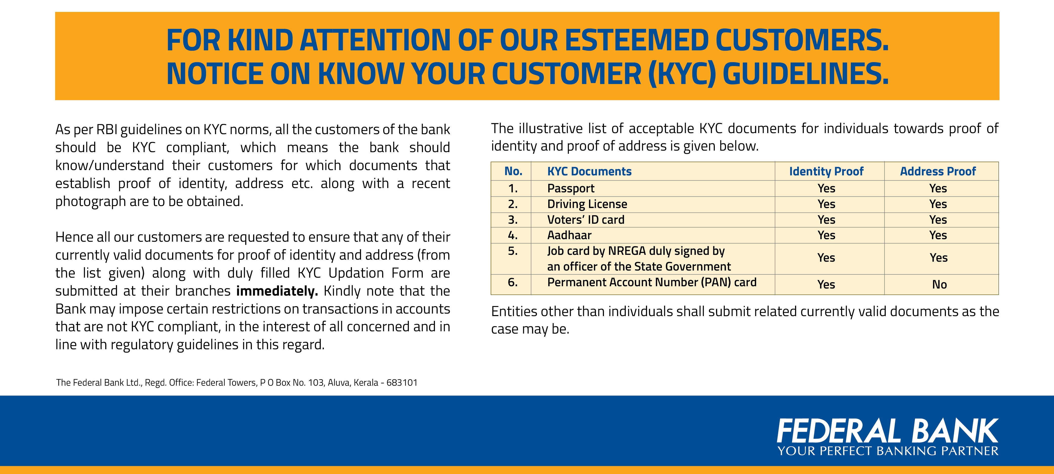 Kyc Notice Know Kyc Status Update Kyc Details Online Federal Bank